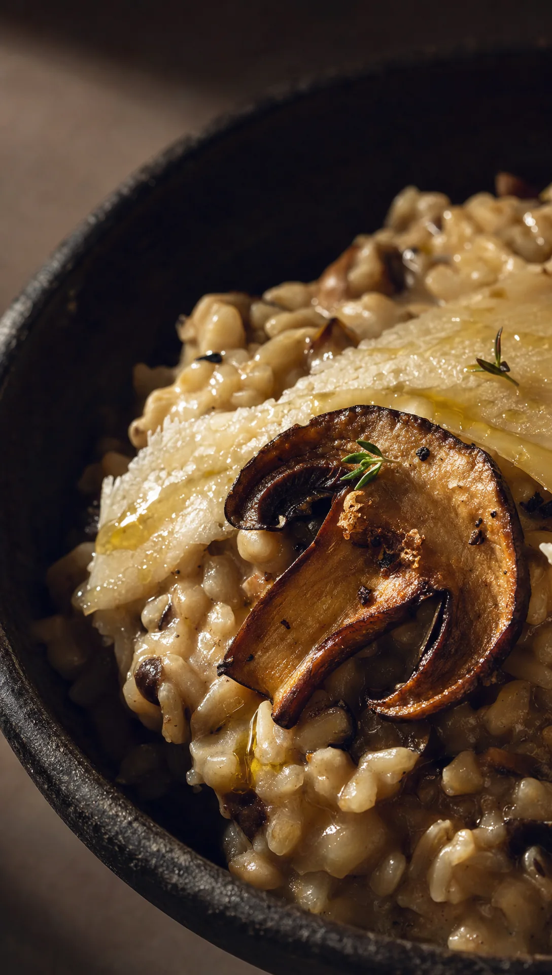 Risotto aux champignons des bois, copeaux de parmesan et thym, dans un bol sombre
